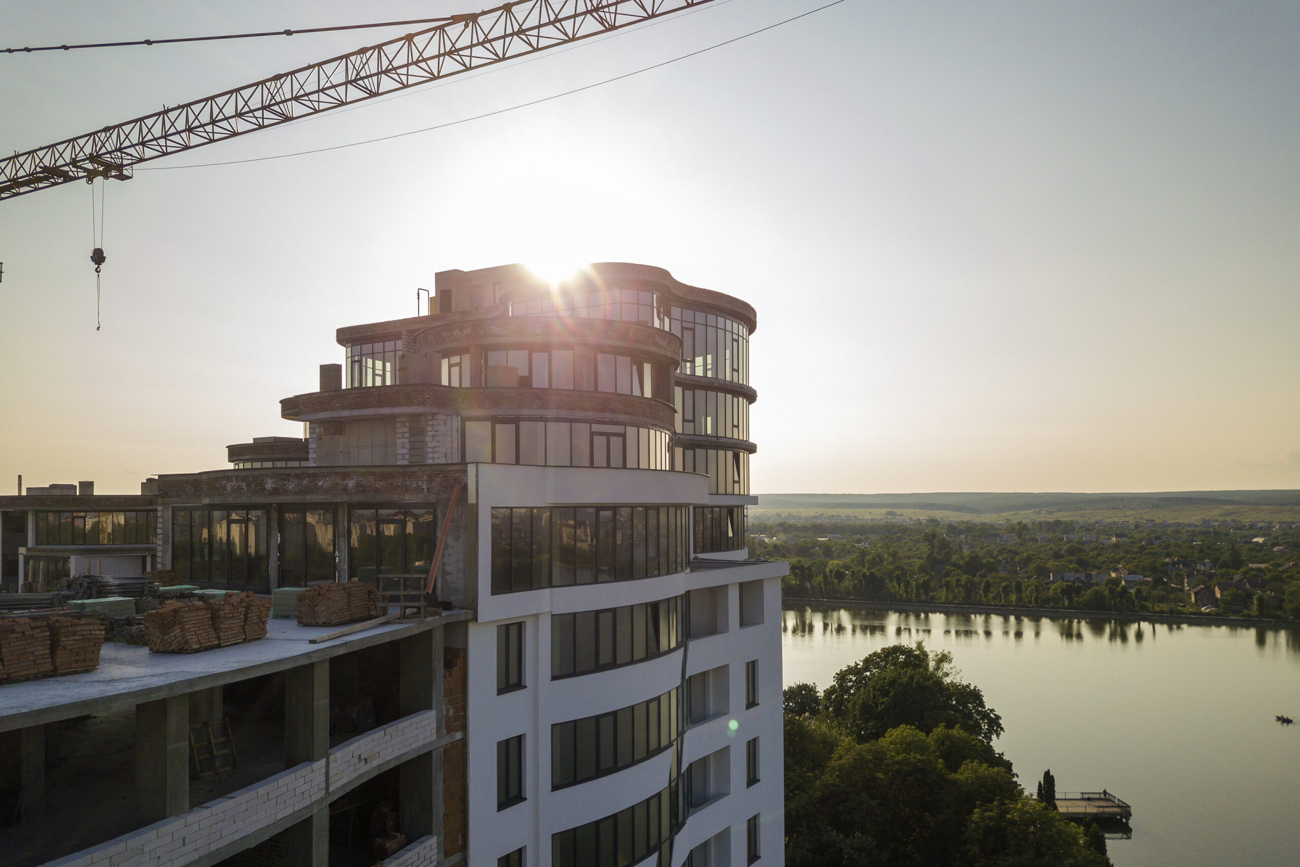 Aerial view of new modern skyscraper building under construction.